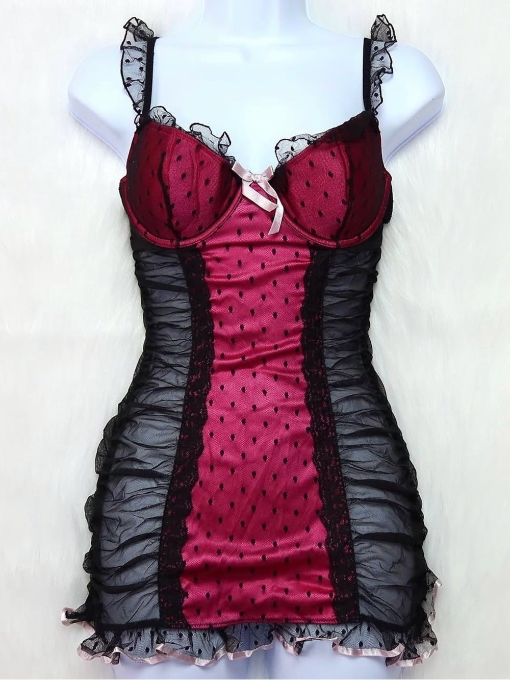 Victoria's Secret Pink and Black Lace Polka-Dot Chemise